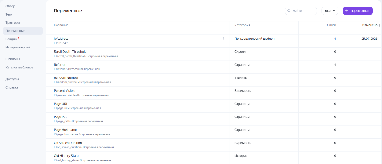 Переменные в Яндекс Тег Менеджере