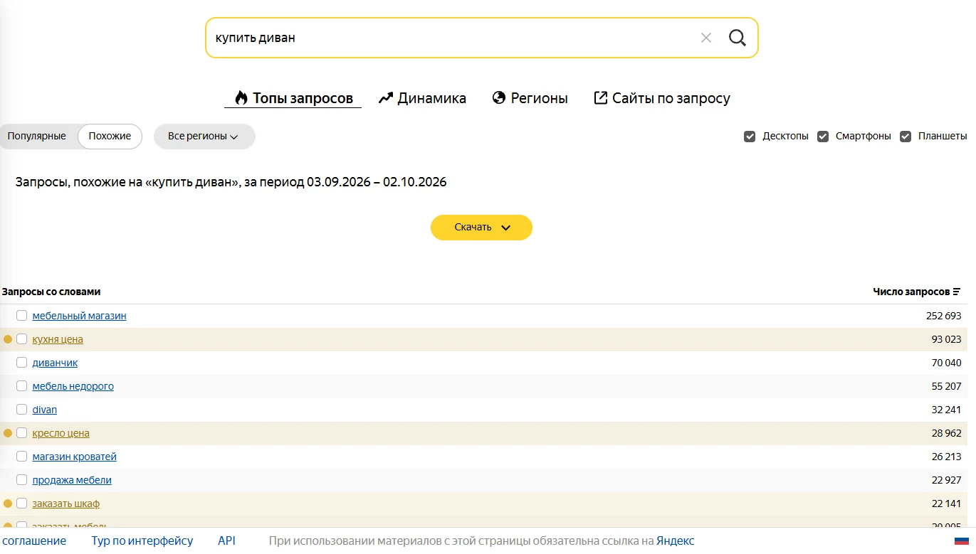 Похожие запросы в Яндекс Вордстате